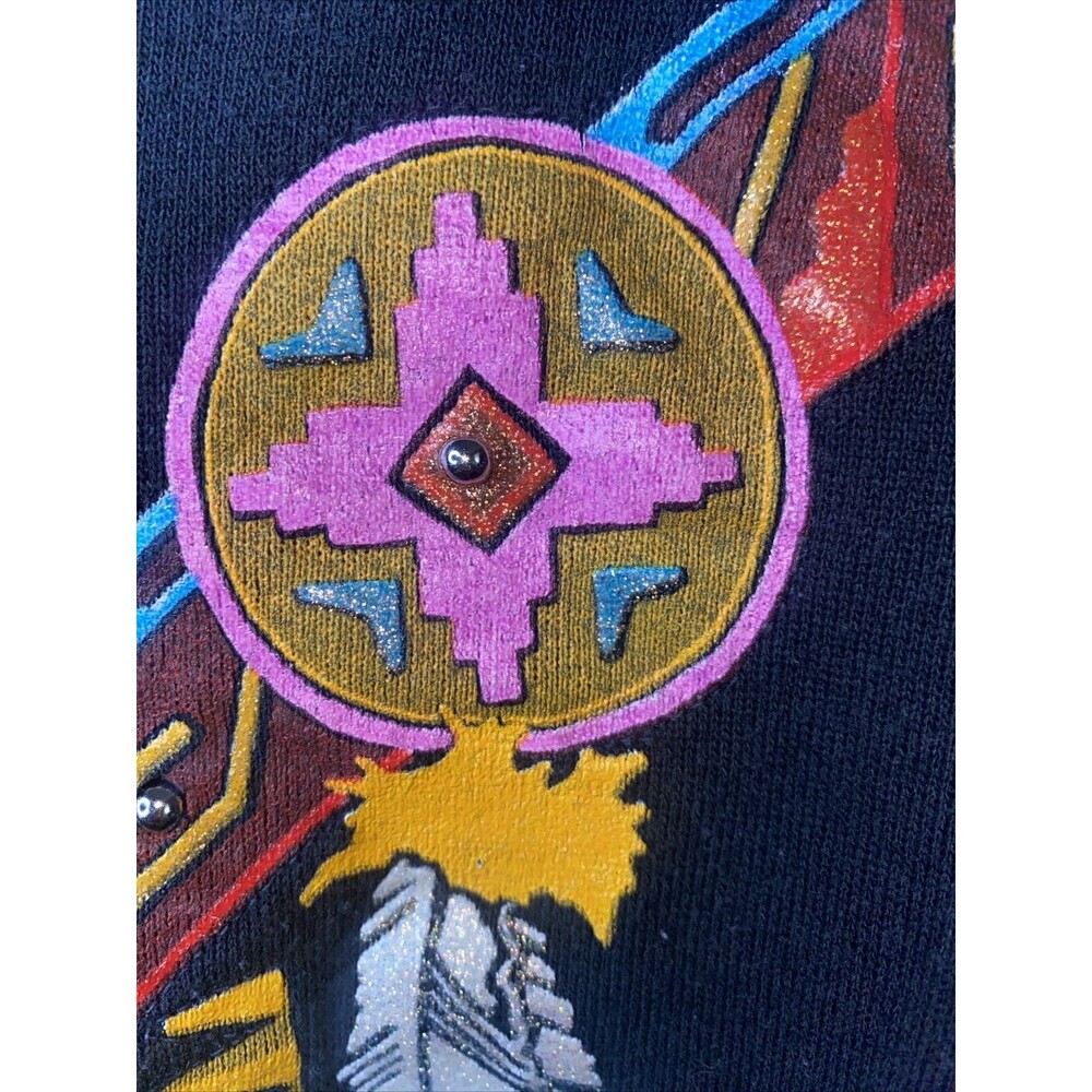 jerzees Native American Sweater Tribal Indian Feather Aztec Beads M USA 3D - Picture 2 of 11